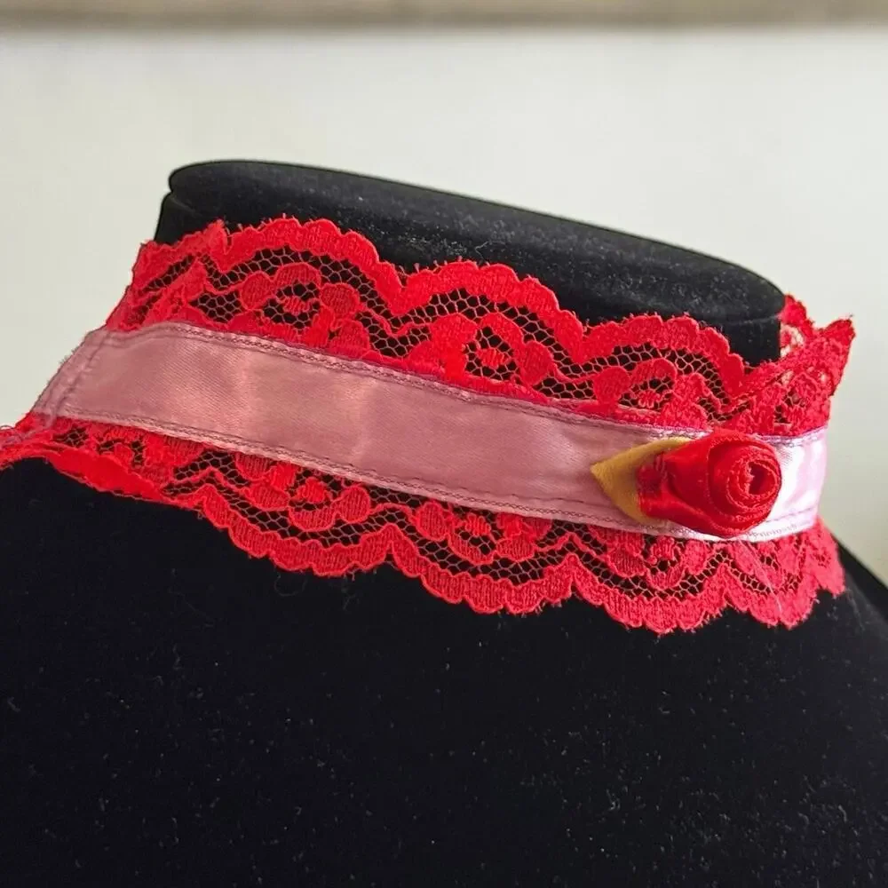 Red Lace Ribbon Choker Necklace Handmade Anna Konya Vintage Ren Faire Lolita 90s